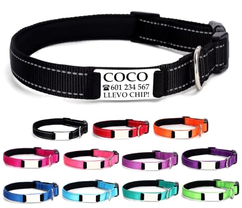 Ibera gifts - Collar Perro Personalizado con Nombre para Mascotas Medianas, Reflectante, Ajustable De 35 a 50 cm, Grabado Láser, Seguro y Cómodo (Negro, M Mediano)