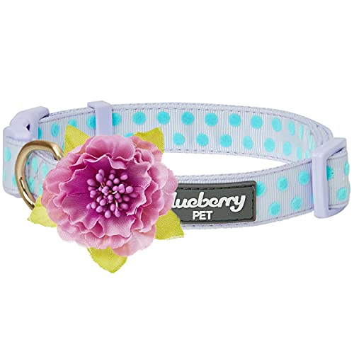 Blueberry Pet Adjustable Flocking Dog Collar With Artificial Silk Flower - Polka Dot In Pastel Purple, Medium, Neck 14.5"-20" #TOP1