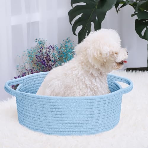 Image of ABenkle Small Basket with Handles, Boho Decorative Rope Woven Dog Cat Toy Storage Bin Shelf Storage Organizer, Easter Christmas Gift Basket, 12 inchx8 inchx5 inch, Blue
