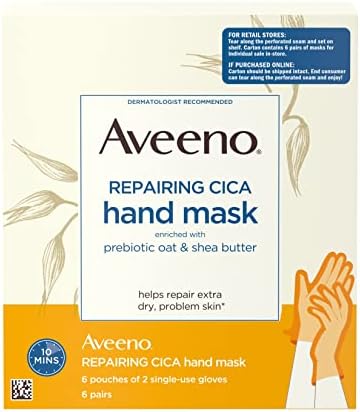 Aveeno Repairing CICA Hand Mask with Prebiotic Oat and Shea Butter for Extra Dry Skin, Paraben-Free and Fragrance-Free, 6 Pairs of Single-Use Gloves
