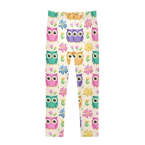 Girls Leggings Size 4T Cartoon Owl Flowers Beige Yoga Stretchy Pants Comfortable Girl Clothes for School Dance