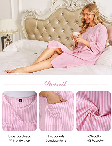 Image of Bloggerlove House Dress Women Cotton Snap Front Nightgown 3 /4 Sleeve Housecoat Duster Robe with Pockets Moomoo Patio Dress