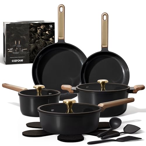 CAROTE Ceramic Cookware Set Nonstick, 16pcs Pots and Pans Set Nonstick, Non-Toxic & PFAS-Free, Dishwasher, RV/Camping Cookware Set, Cooking Pots with Lids, Charcoal Black