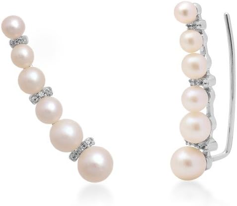 Jewelili Sterling Silver Cultured Pearl and Created White Sapphire Climber Earrings