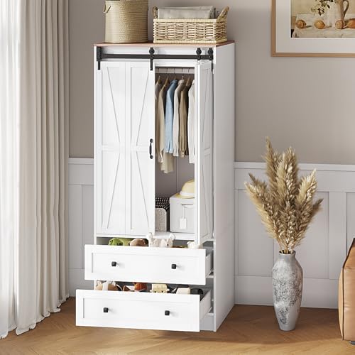 Maupvit Farmhouse Armoire with 2 Folding Sliding Barn Doors and Drawers 70.9' Tall Wooden Bedroom...