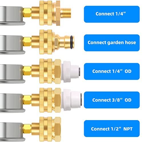 Image of MEANLIN MEASURE 0~200Psi Stainless Steel Frame 3 /4 inch Female Liquid Filled Pressure Gauge kit Plus 5 adapters, 2.5 inch FACE DIAL Multi-Purpose Pressure Gauge kit, Suitable for Gardens, Water Pipes, etc