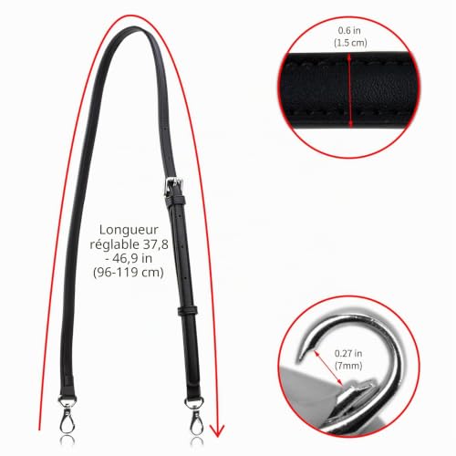Allzedream Sangle de sac en cuir réglable pour femme (noir, matériel argenté), noir, matériel argenté, M – vue 6