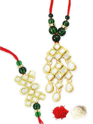 Image of Karatcart Gold-Plated Kundan Rakhi Rakhi with Roli Chawal for Brother and Bhabhi