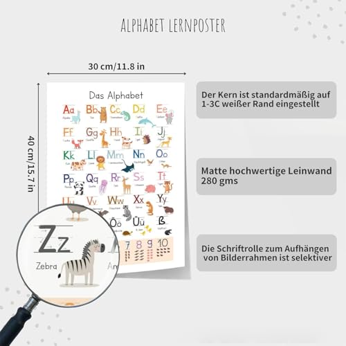 hurifeng ABC Poster mit Tieren 30x40cm – Lernposter mit Alphabet und Zahlen 1-10 inkl. Holz-Aufhängung, perfekt für Kinderzimmer, Kindergarten und Vorschule