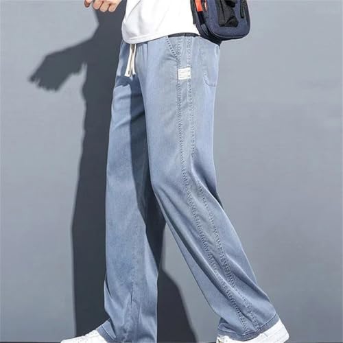 Men's Summer Thin Jeans Loose Fit Straight Leg Drawstring Waist Korean Style Casual Denim Trousers2
