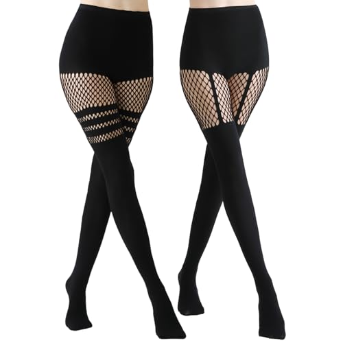2 Pairs Faux Thigh High Tights Mock Suspender Pantyhose for Women Fishnet Tights Over the Knee Goth Stockings