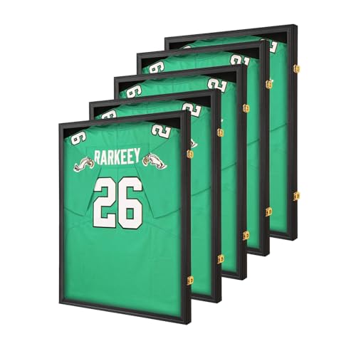 Image of Jersey Frame Display Case 5-Pack, Goazhpon Large Lockable T-Shirt Shadow Box with UV Protection Acrylic and Hangers, for Football Baseball Basketball Soccer Hockey, Black