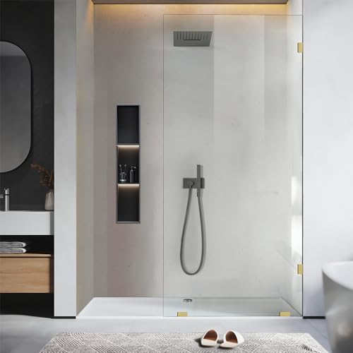 Bathroom Shower Glass Door, 34" W×74" H Fixed Frameless Shower Door with Clamps, 5/16"(8mm) Thick Clear Tempered Glass Door for Walk-in Shower, Brushed Gold
