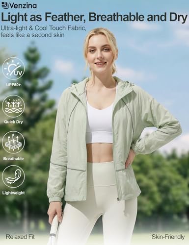 Image of Venzina UPF 50+ Women's Slim-Fit Sun Protection Hoodie -Lightweight & Breathable Summer Jacket with Reflective Trim, Adjustable Hem for Outdoor, Commute, Sport, Travel
