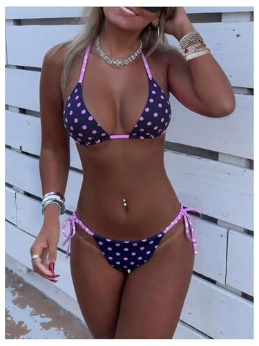 Image of WDIRARA Women's Polka Dots Bikini Set Halter Triangle String Swimsuit Tie Side 2 Piece Bathing Suit