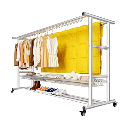 Qcesorib Clothes Rail with 4 Wheels, Metal Clothes Rack with Hooks, Heavy Duty Clothing Rail with Shoe Rack, Hold Up to 200 kg, for Balcony Courtyard Hotel, 180x55x157cm