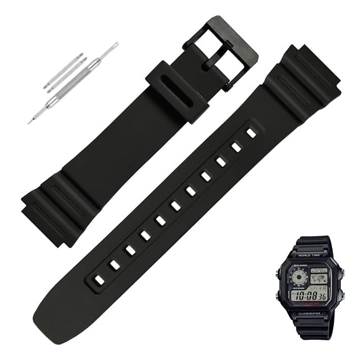 Soft Silicone Resin Watch Strap (Black) Compatible With CASIO Roayle AE-1200WH AE 1200 WH with Tools and Pins (Include)