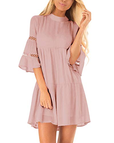 Zanzea Women Tunic Dress 3/4 Ruffle Bell Sleeve Cocktail A-Line Party Casual Mini Dress Loose Flowy Swing Shift Dress Pink S #TOP26