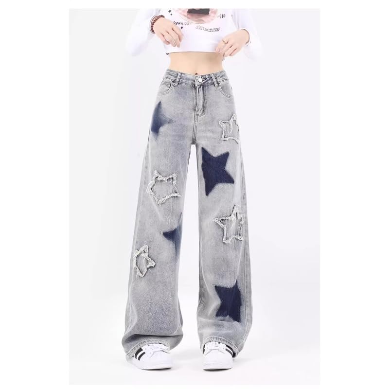 Women's Y2K Vintage Denim Pants Goth Cyber Punk Star Patchwork Jeans Fairy Grunge Harajuku High Waist Wide Leg Trousers3