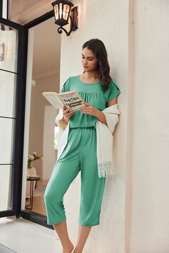 Image of Ekouaer Women's Capri Pajama Set Short Sleeve Mumu Pjs Pleated Top Capri Pants with Pockets Sleepwear Lounge Set