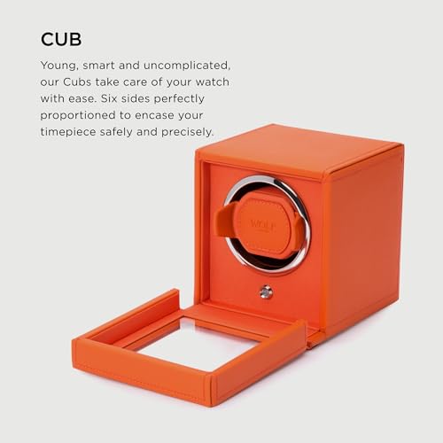 Wolf Cub 461139 - Automatic Watch Winder for 1 Watch with Glass Cover - Orange Saffiano Finish, Chrome Finished Hardware and Orange Grosgrain Faceplate - Patented Rotation Technology