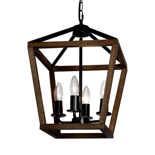 TELAFLY 4-Light Lantern Pendant Light,Black Wood Cage Farmhouse Chandelier for