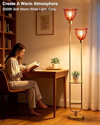 Image of Lightdot 2-Lights Glass Floor Lamp with Table Modern Gold Standing Tall Lamps with Pomegranate Red Glass Shade, LED Floor Lamp with Foot Switch for Living Room Bedroom Home Decor (Bulbs Included)