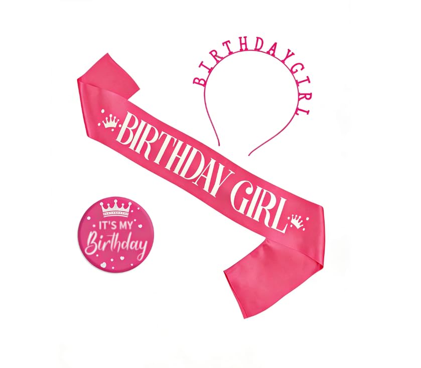 Vxcvzv 3 PCS Birthday Sash for Women Sash and It's My Birthday Button Glittery Metal Badge,Princess Headband for Party Decoration (Fuchsia)