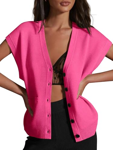 Image of Womens Cardigan Sweater Vest Lightweight V Neck Button Down Cap Sleeve Knit Tops Loose Sleeveless 2025 Spring Outfits