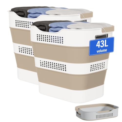 Image of OOAMBB 43L+43L Collapsible Laundry Baskets plastic (Beige, 2 Packs) | Pop Up Laundry hamper /Storage Container, Foldable Laundry Basket with Handles, Durable,Space Saver