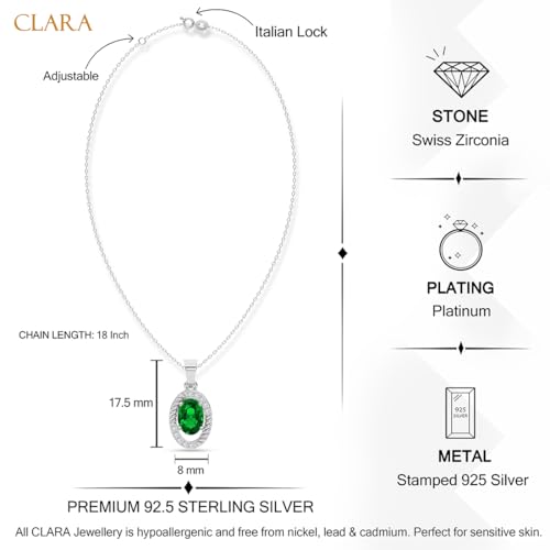 Image of Clara 925 Sterling Silver Green Pendant Necklace with Chain for Women & Girls | Platinum Plated |Minimal Daily Wear | Gift for her