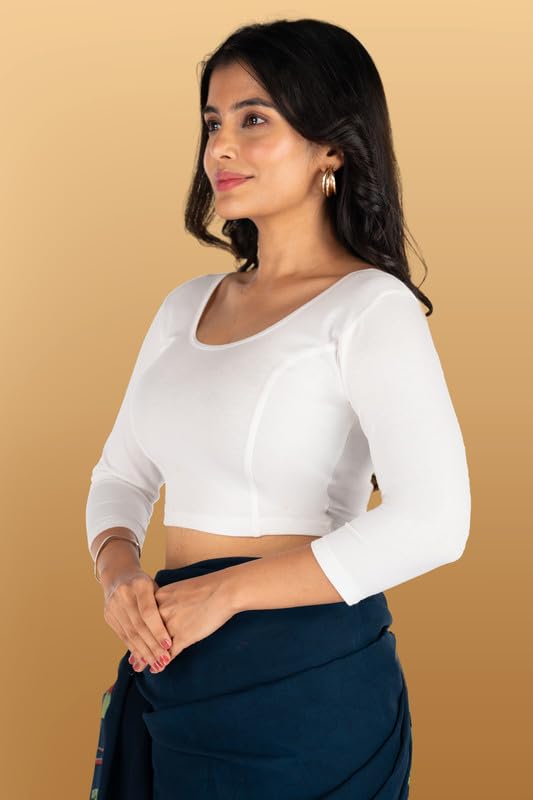 Image of Abhi Cotton Readymade Saree Blouse for Women- 3 /4 Sleeve, Round Neck, Regular-fit, Stretchable, Pull-on Style