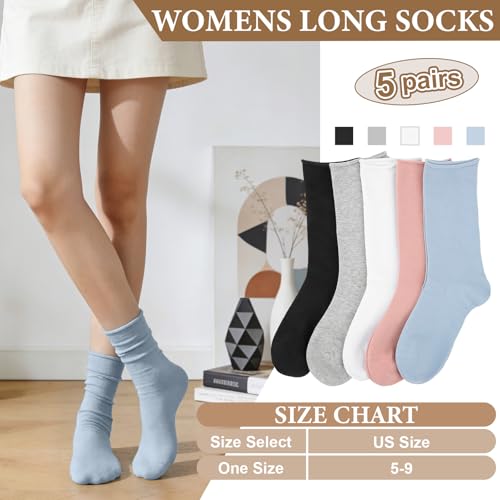 Image of Chalier 5 Pairs Slouchy Socks for Women, Soft Cotton Crew Socks | Breathable Blend, Elastic Cuff, Cute Roll Top, Calf Scrunch Tube, Easy Pull On, Flexible Stretch Motion, Casual Daily Wear