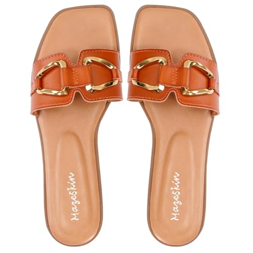 mazeskin Women's Square Open Toe Dressy Slide Sandals Cute Summer Comfortable Flat Slippers with Metal buckle4