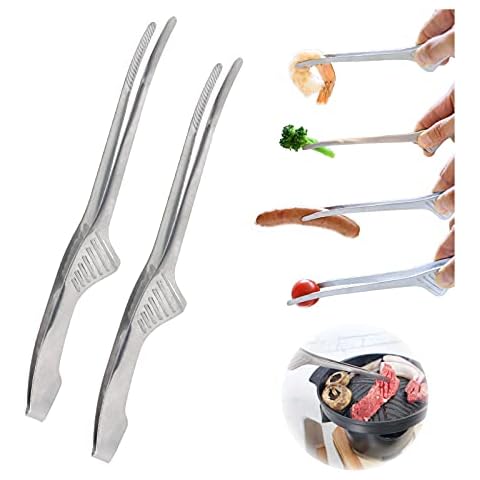 (Set of 2) Made in Korea, Self-Standing Tongs for Korean & Japanese BBQ, Veggies and Seafood, Tweezers & Pincette, Clean & Convenient Use, Premium Stainless Steel, Non-Slip Serrated Tips Cover