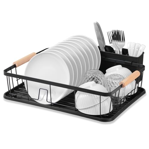 DPWEION Dish Drainer Rack for Kitchen-Metal Dishes Drying Rack with Drip Tray/Cutlery Holder/Wooden Handles-Draining Board Racks(43x31x12cm,Black)