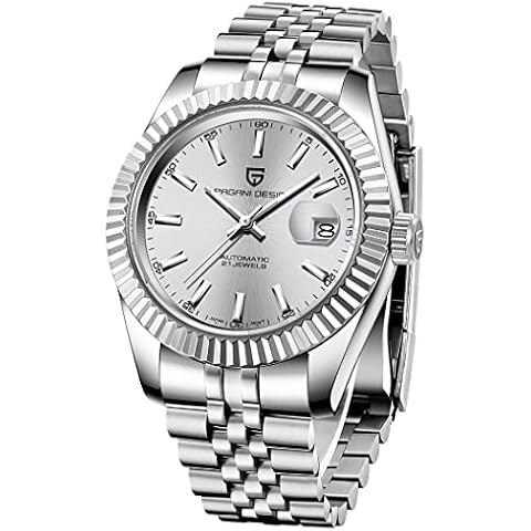 Pagani Design Mens Watch Classic Stainless Steel Mechanical Waterproof Luminous Mens Watch with Synthetic Sapphire Glass (Silver White Pagani Design 1645) Cover