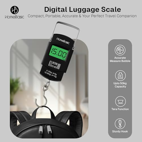 Image of HomeBasic Digital Luggage Weight Scale 50kg | Weighing Machine for Luggage Bags, 4 Weighing Modes (kg /lb /oz /jin), LCD Display, Tare Function, Auto-Off, Portable Travel Weighing Scale (Black)