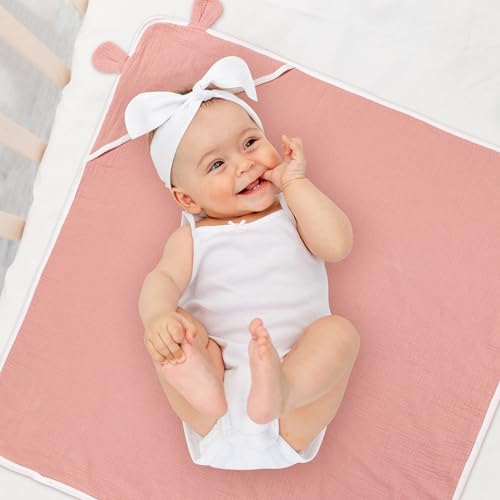 Image of Zainpe Muslin Baby Hooded Towel & Washcloth Set Soft Absorbent Bath Towel Blanket with Cute Bear Ears Cotton Towels Infant Shower Gifts for Newborn Essential Toddler Boys Girls 31.5 x 31.5 in