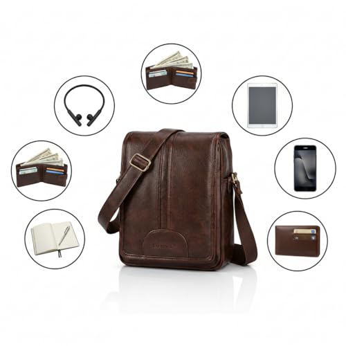 Image of Men's Leather Sling Bag Crossbody Messenger Shoulder Bag | Stylish Office Travel Side Bag with Multiple Compartments, Adjustable Strap & Secure Pockets for Daily Use