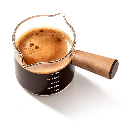 YARRAMATE 2.5 oz/75ML Espresso Cups with Wood Handle, Clear Glass Espresso Accessories, Double Spout Measuring Cup with Dual Scale, Espresso Shot Glass with V-Shaped Spout, Dishwasher Safe
