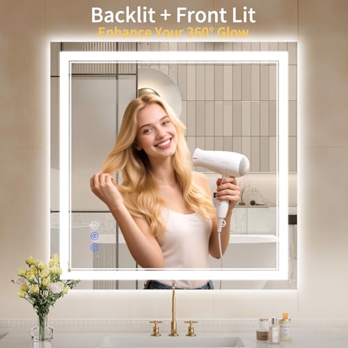 Image of 36 inchx36 inch LED Bathroom Mirror with Lights, Anti-Fog, Backlit + Front Lit, Dimmable, Led Vanity Mirror for Wall, 3 Colors, Memory Function, Shatter-Proof Tempered Glass