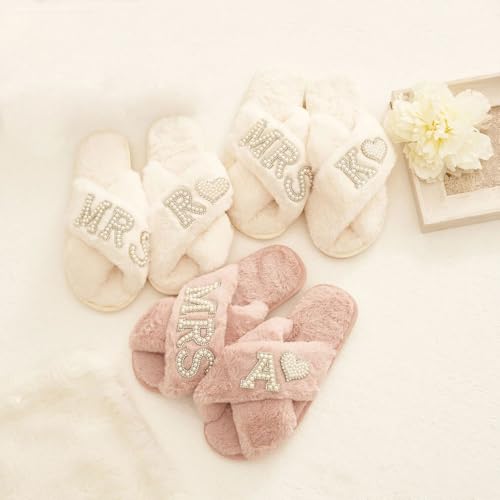 shiguangji Bridal Mrs Wedding slippers, Custom Mrs Fluffy Slippers with pearls letters, Bridal Shower Gifts, Gifts For Her4