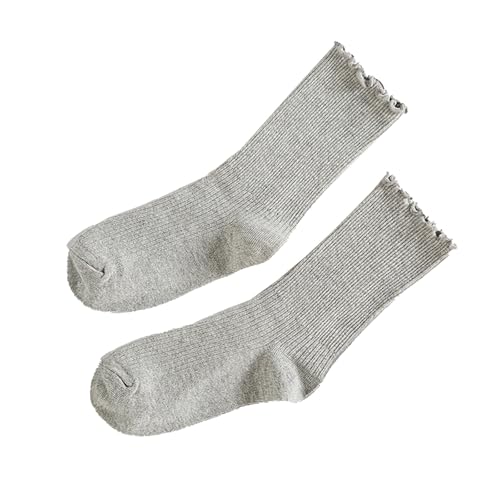 Womens Solid Color Crew Socks Mid-Calf Lace Trim Cotton Soft Comfy Breathable Ruffle Casual Socks for Athletic Work(Grey, One Size)