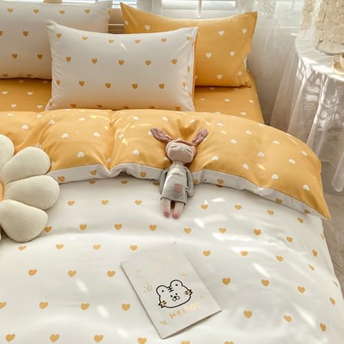 Freyamy Bettwäsche 135x200cm 2teilig Weiß Gelb Herz Mädchen Bettwaren-Sets Romantisch Liebe Wendebettwäsche 100% Microfaser Liebesmotiv Bettbezug mit Reißverschluss und Kissenbezug 80x80cm