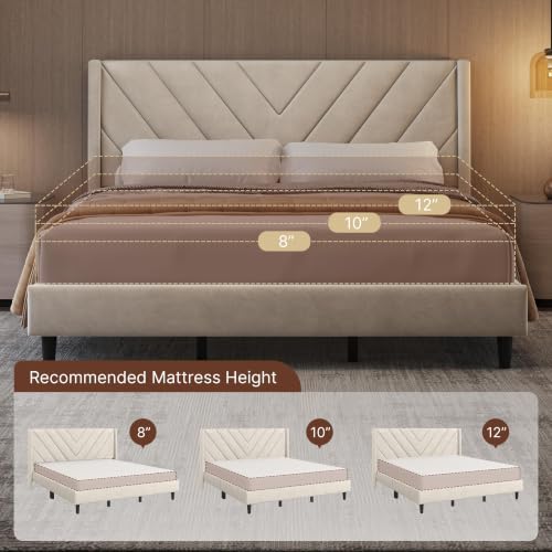 Image of Yaheetech King Bed Frame Upholstered Platform Bed /Wooden Slat Support /Tufted Headboard with Wing Side /Mattress Foundation /No Box Spring Needed,Beige King