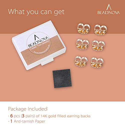 BEADNOVA 14k Gold Earring Backs for Studs Butterfly Safety Locking Earring Backs Replacements Push Backing Ear Studs Friction Earstuds Stopper for Posts (6 Pieces)3
