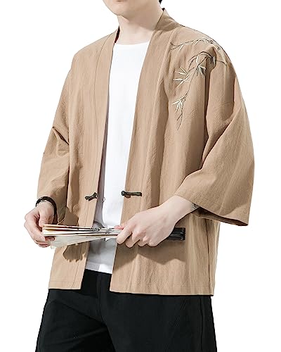 Image of Mens Kimono Cardigan Cotton Linen Japanese Shirt 3 /4 Sleeve Haori Yukata | Skin-Friendly Solid Color Lightweight Shawl Collar Kimono Robe Embroidery Button Tie Pockets Happi Coat All Season Daily Wear