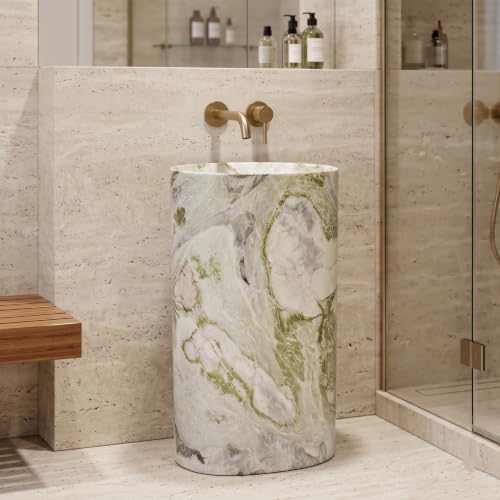 Image of BASSINO 20x14x33 Inch Pedestal Wash Basin /Free Standing Wash Basin /7 Years Warranty /Oval Ceramic One Piece Pedestal Sink for Bathroom /Living Room /Dining Hall /Floor Mounted Washbasin(Green Mix Marble)