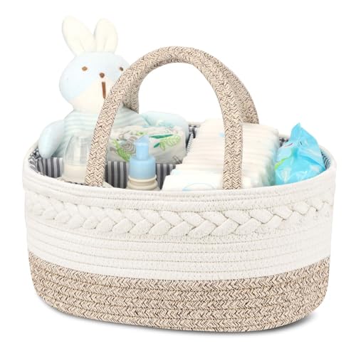 ATDORO Baby Diaper Caddy Organizer, X-Large Cotton Rope, Rustic Style, Portable, 3 Compartments Large Storage Basket